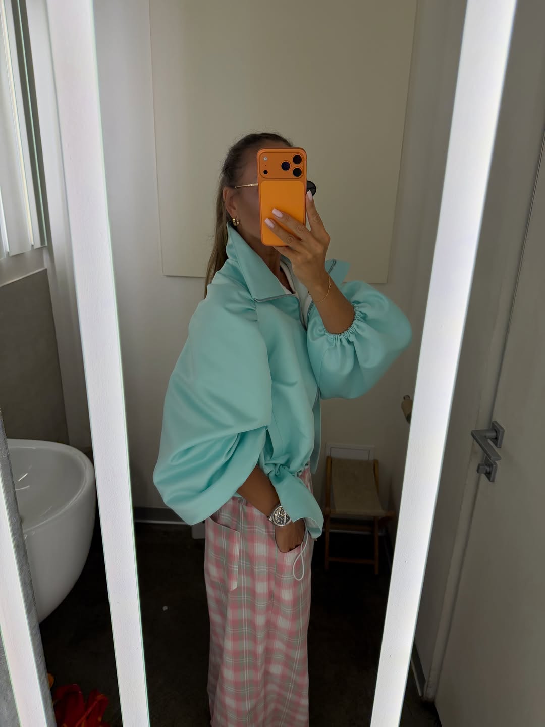 Veste rose en satin plissé avec cordon de serrage à la taille, col montant, manches longues, coupe ample pour femme – Nouvelle mode automne, tenues quotidiennes