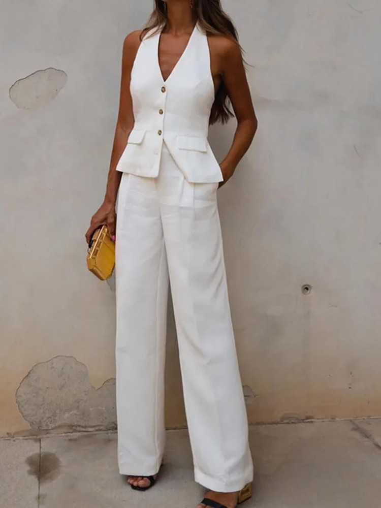 MUJER pantalons ensembles pour femmes 2 pièces épaules dénudées gilet sans manches femme tenue mode pantalon à jambes larges élégant décontracté ensemble pour femmes