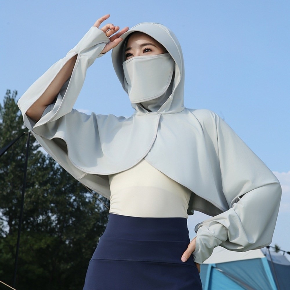 Haut de protection solaire 3-en-1 en soie glacée à manches longues avec masque facial intégré, chapeau et châle imperméable, coupe ample, vêtement de protection solaire