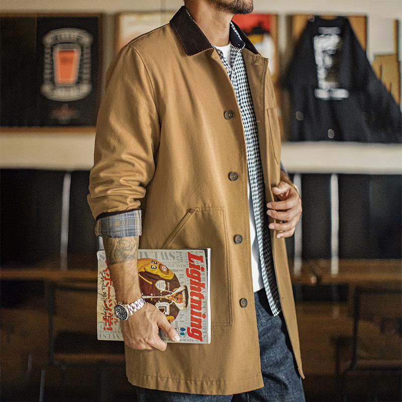 Maden Veste Michigan vintage mi-longue pour homme, coupe ample, manteau en toile lourde, kaki, vêtements de travail, vêtements d'extérieur décontractés d'automne