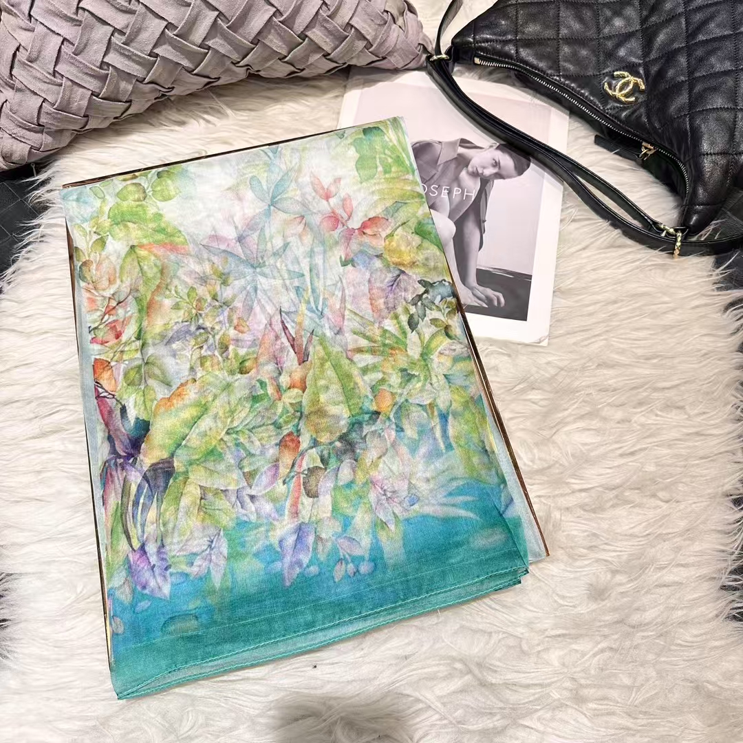 Écharpe longue en mousseline de soie pour femme, foulards à la mode, nouveau design floral, enveloppes d'été, écharpe de plage, rond 100% x 180 cm, bleu, vert, 110