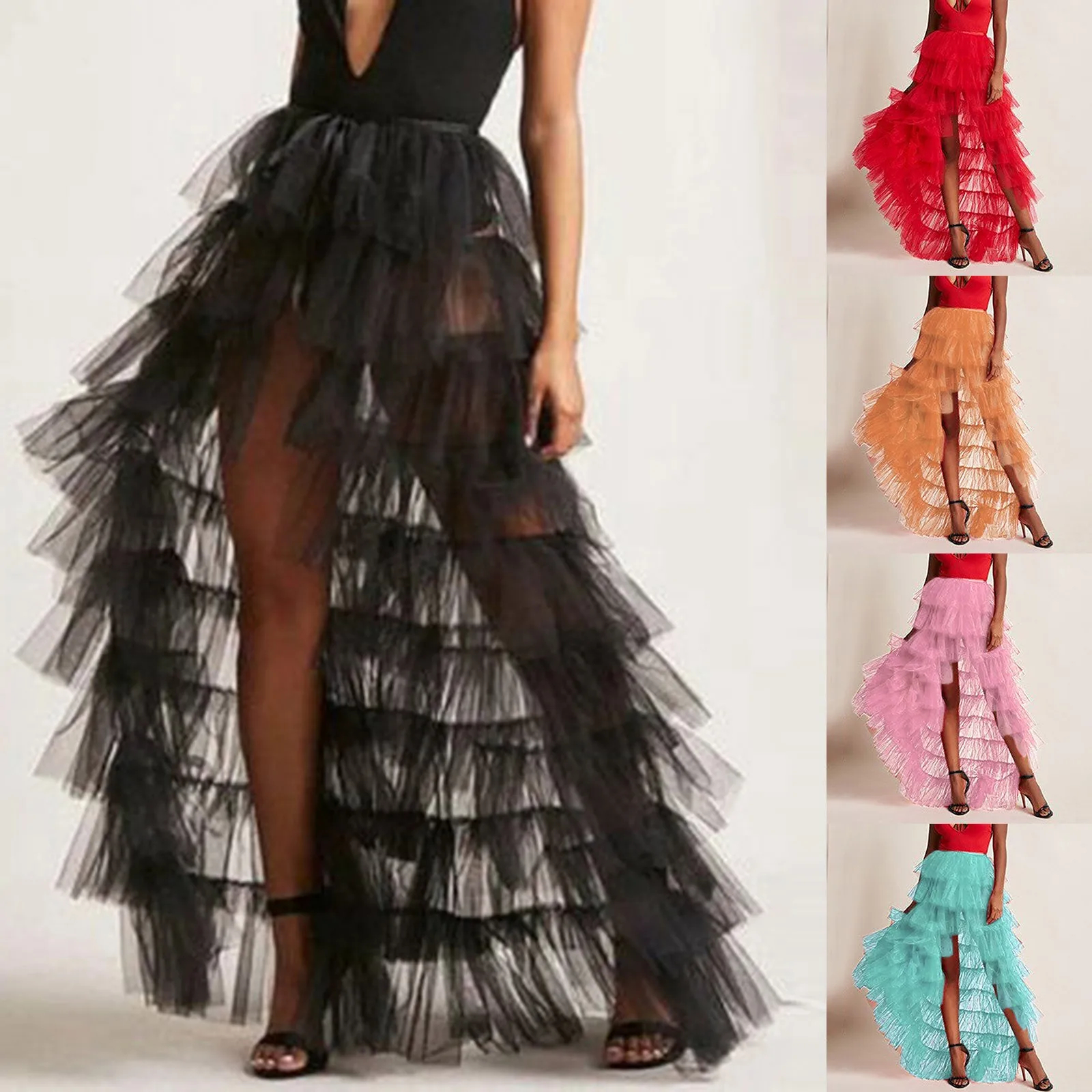 Jupe longue en Tulle à volants pour femmes, couleur unie, maille attachée, irrégulière, longueur au sol, traîne de fête, couvre-jupe