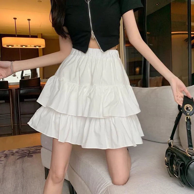 Jupe trapèze plissée pour femmes, blanche, à volants, à plusieurs niveaux, joli Style, taille élastique, Slim, basique, robe coréenne Harajuku, été