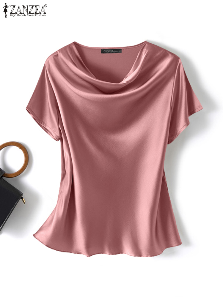Femmes Blouses d'été ZANZEA 2024 mode Satin hauts à manches courtes Blusas femme col rond décontracté vêtements de maison tunique Chemise surdimensionnée