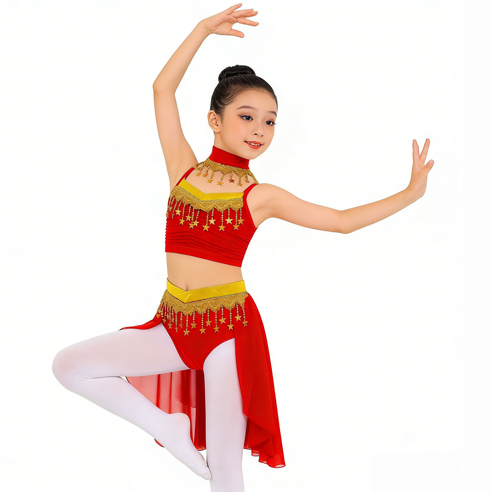 Enfants filles brillant étoile paillettes Bellywood Oriental danse du ventre Costumes ensemble glands indien froncé haut court jupe tenue de danse du ventre