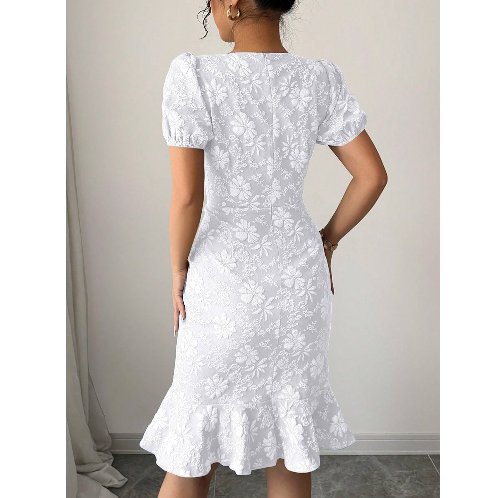    Robe de soirée brodée de fleurs pour femmes, tenue de bureau, col rond, manches courtes, couleur unie, Slim, élégante, moulante, été