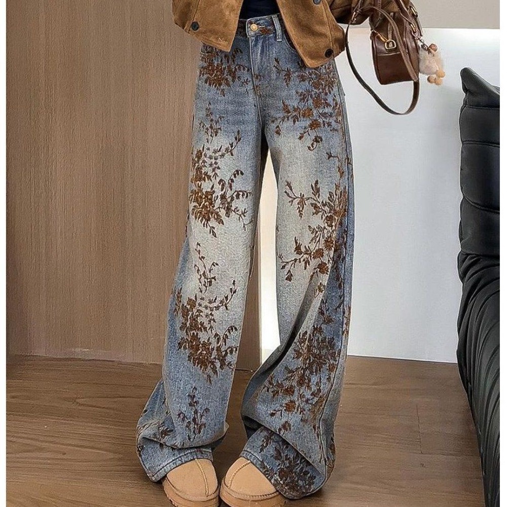 Jean large en jacquard floqué pour femme - Nouvelle collection hiver 2025, taille haute, amincissant, coupe droite