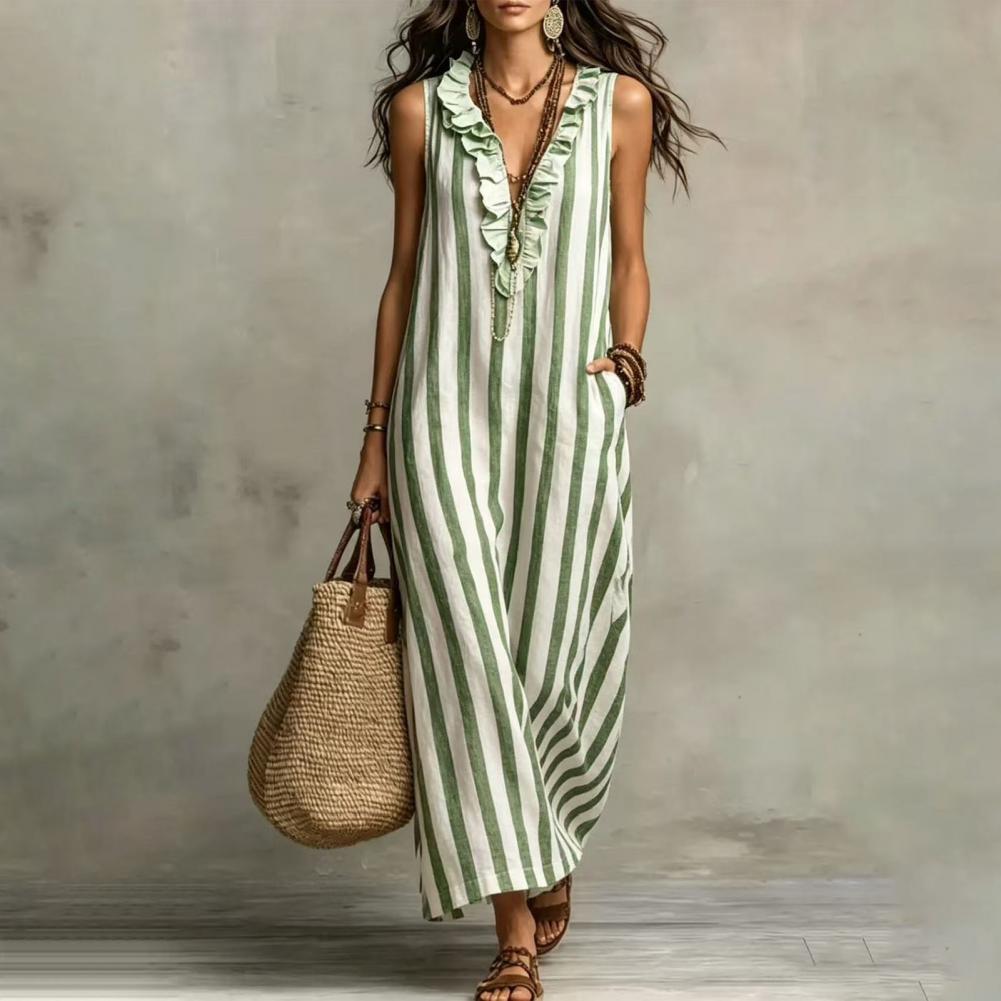 Robe d'été pour femmes avec poches, rayée, en coton et lin, maxi, sans manches, bohème, ample, longue, robe de plage