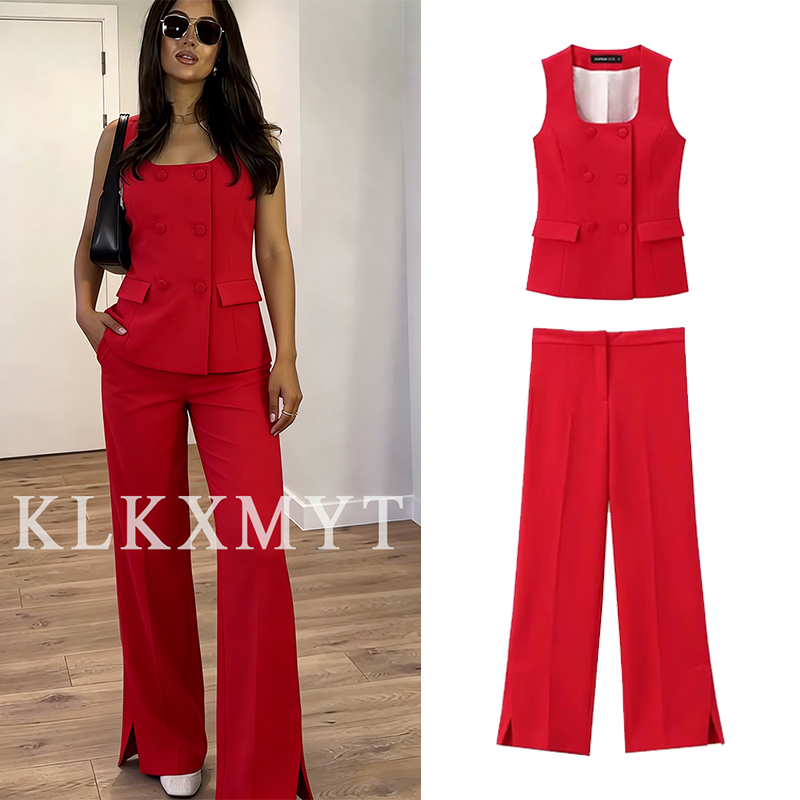 Femmes 2 pièces ensembles nouvelle mode bureau gilet haut + fendu jambe droite pantalon femmes costume formel deux pièces ensemble femmes tenue