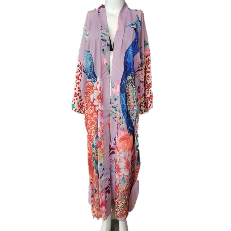 Chemise kimono fluide pour femme, imprimé paon, légère, à devant ouvert, idéale pour la plage, comme tenue de vacances ou à porter sur un maillot de bain