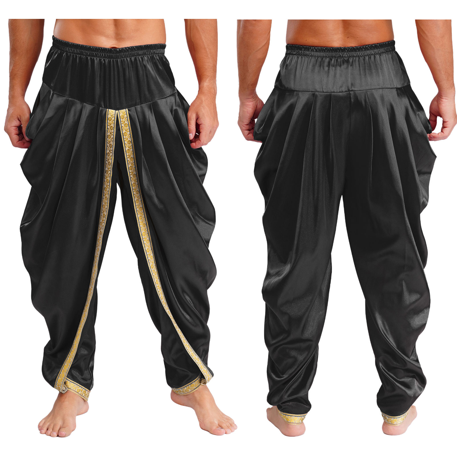 Costume de Prince arabe pour hommes, Cosplay de carnaval d'halloween, fête à thème, taille élastique, pantalon Baggy drapé, pantalon Dhoti en Satin pour hommes