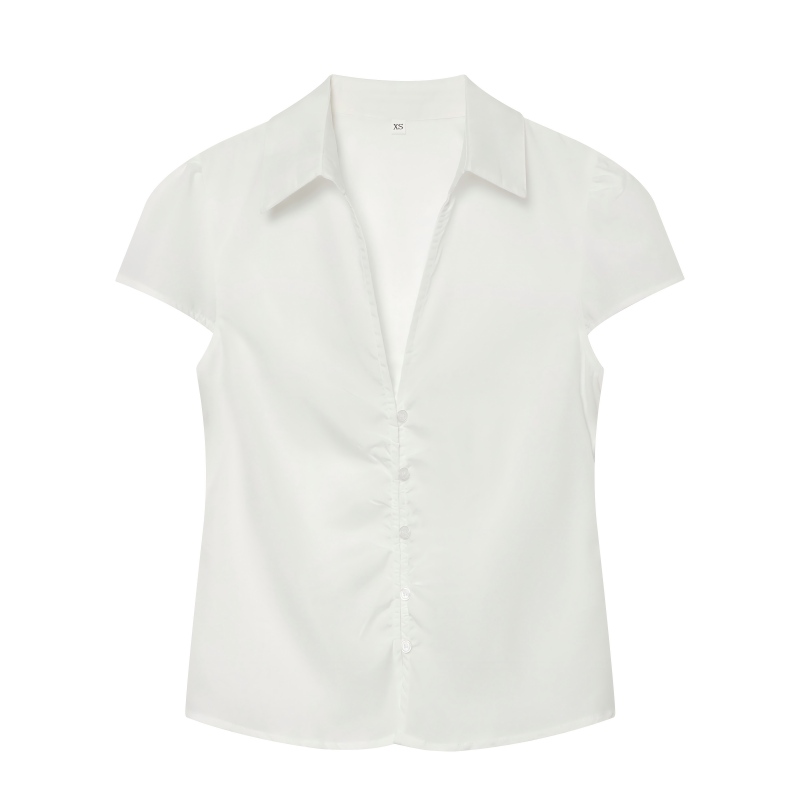 Chemisier à manches courtes pour femme - Blouse ajustée à col et détail froncé, Nouvelle collection été 2026, Haut décontracté