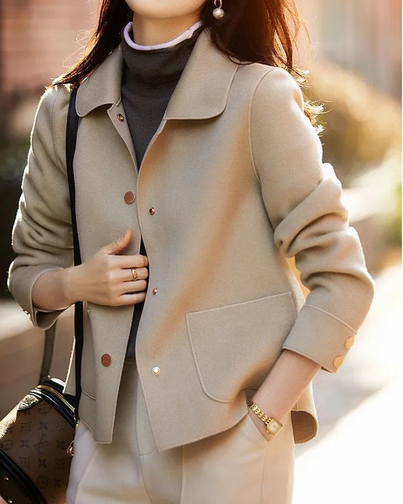 Manteau court en laine à revers et manches longues pour femme, nouvelle collection printemps-automne 2023, style simple, élégant, décontracté, coupe ample, grande taille