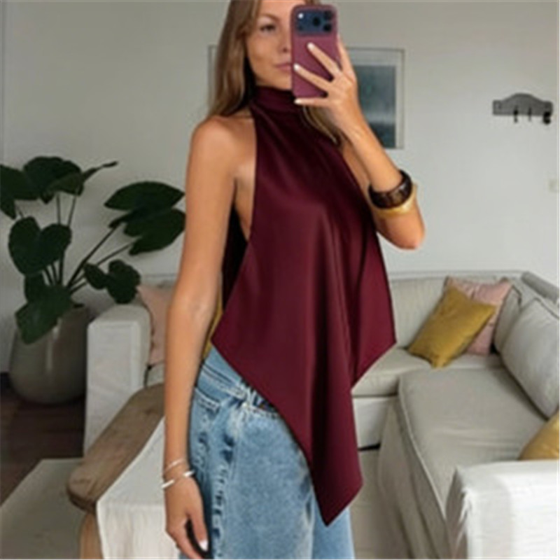 Hirigin – Hauts en satin pour femmes, dos nu sexy, asymétriques, sans manches, à lacets au dos, en soie, pour sortir