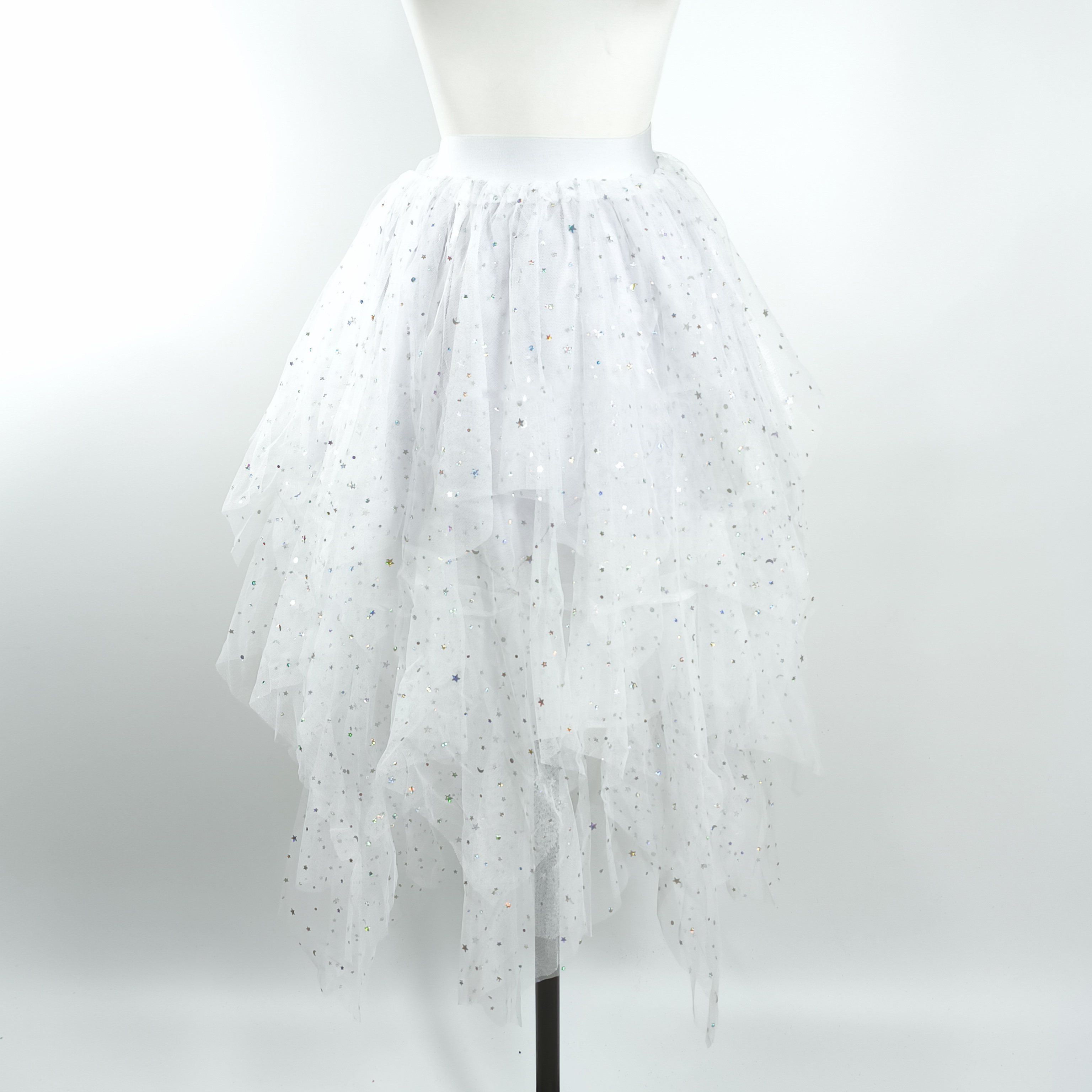 Jupe en tulle à sequins pour soirée de bal, jupe asymétrique à volants scintillante pour femme, jupe en tulle à volants pour spectacle de danse et fête