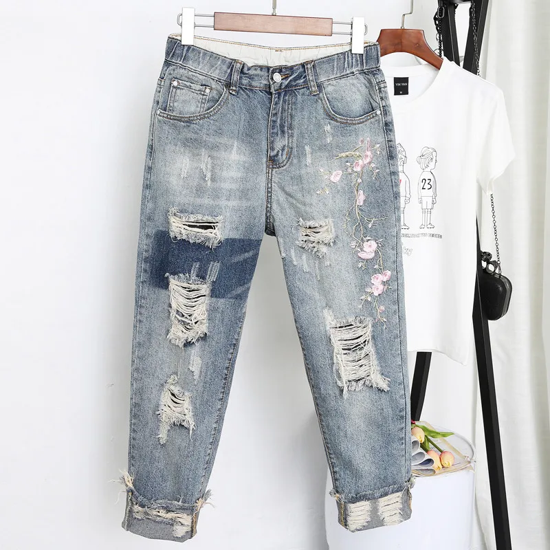 Jean Slim Ajusté en Denim pour Femme, Sarouel Vintage, Grande Taille, Brodé, 5XL, Q42