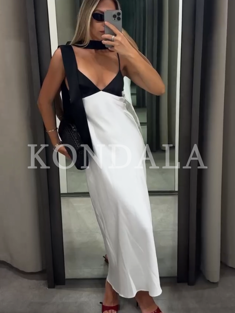 Robe longue élégante et chic KONDALA pour femme, col foulard, nouvelle collection été 2026, tendance, pour soirée ou vacances, en satin, coupe ajustée, à fines bretelles