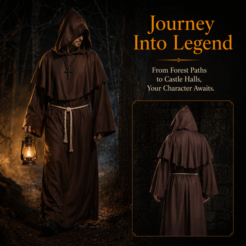 Robe de moine médiévale à capuche, ornée d'une croix rétro, costume de cosplay d'Halloween, cape à capuche avec cordon de taille, costume de sorcier ou de prêtre