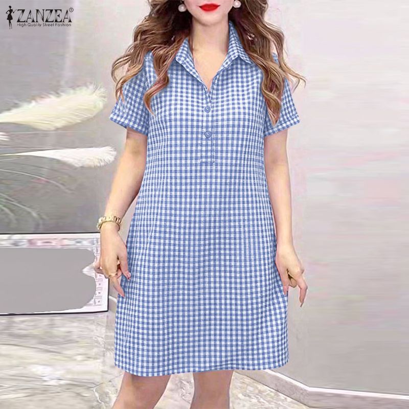Robe minimaliste à carreaux pour femmes, col rabattu, manches courtes, demi-boutons, longueur aux genoux, robe chemise décontractée ZANZEA