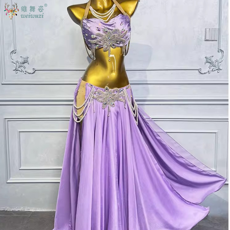 Ensemble de costumes de danse du ventre, personnalisation de luxe, soutien-gorge en diamant + jupe longue fendue Sexy, vêtements de Performance professionnelle orientale, 2 pièces