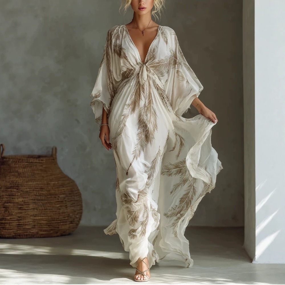 Robe longue à imprimé plumes pour femmes, col en V profond, manches trois-quarts, taille nouée sur le devant, ourlet fluide, robe longue bohème pour les vacances