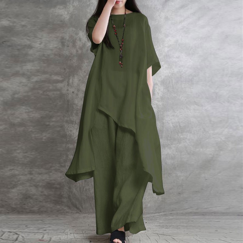 Ensemble pantalon en coton et lin pour femmes, 2 pièces, chemisier ample décontracté à manches mi-longues, couleur unie et taille haute élastique, jambes larges, costumes complets