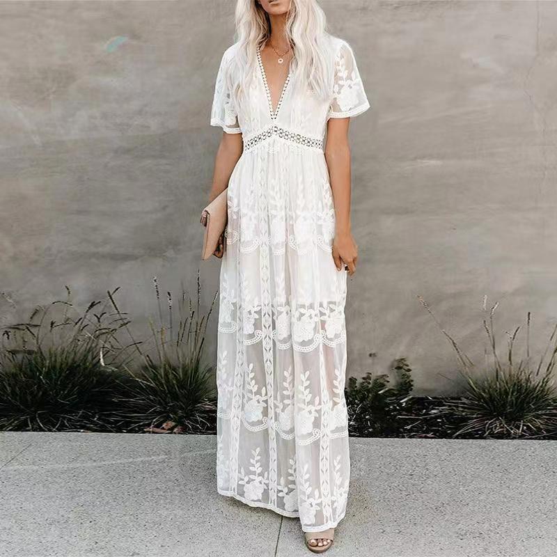 Robe femme blanc évider coton robe d'été dentelle sans manches longue épissage été fête élégante soirée femme jupe vêtements