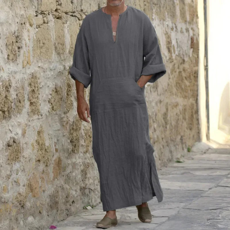 N36O hommes lin doux Robes musulmanes Abaya dubaï arabe robe islamique vêtements caftan Jubba Thobe Qamis Homme Islam traditionnel N36O