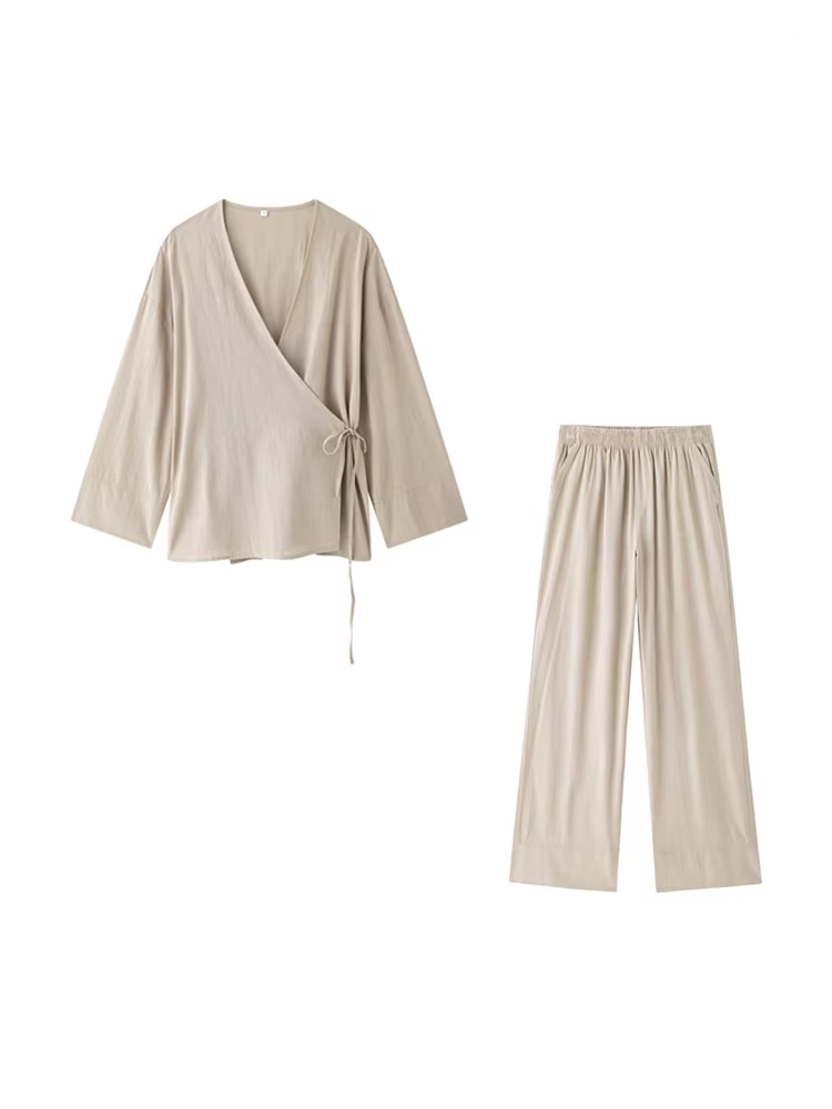 Femmes mode avec chemisiers Kimono amples attachés et taille haute élastique poches latérales pantalon femme deux pièces ensembles Mujer