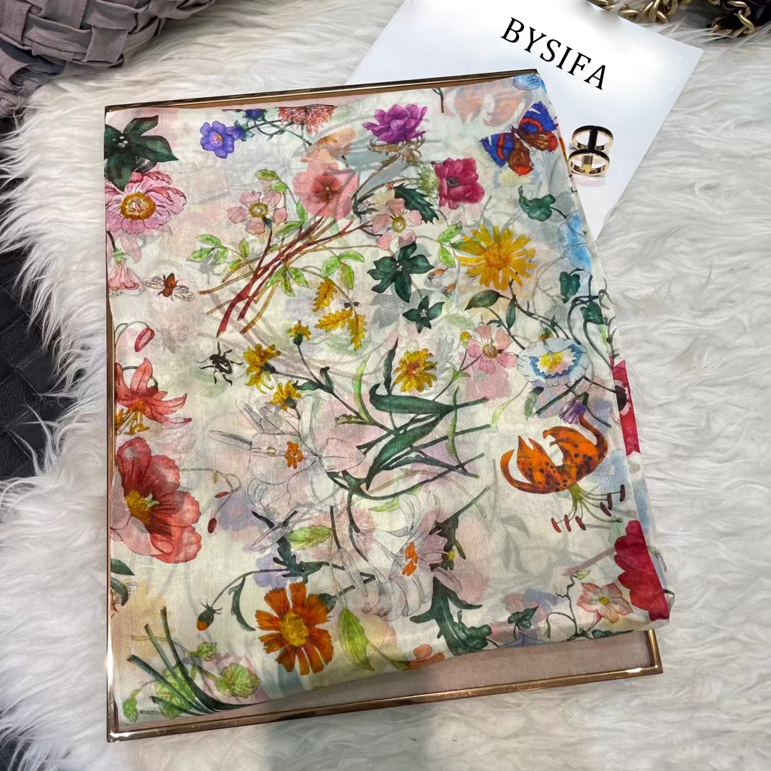 Écharpe en soie 100% blanche pour femmes, foulards, châles de plage d'été, foulards longs pour le cou, hijabs, motif floral, collection automne-hiver