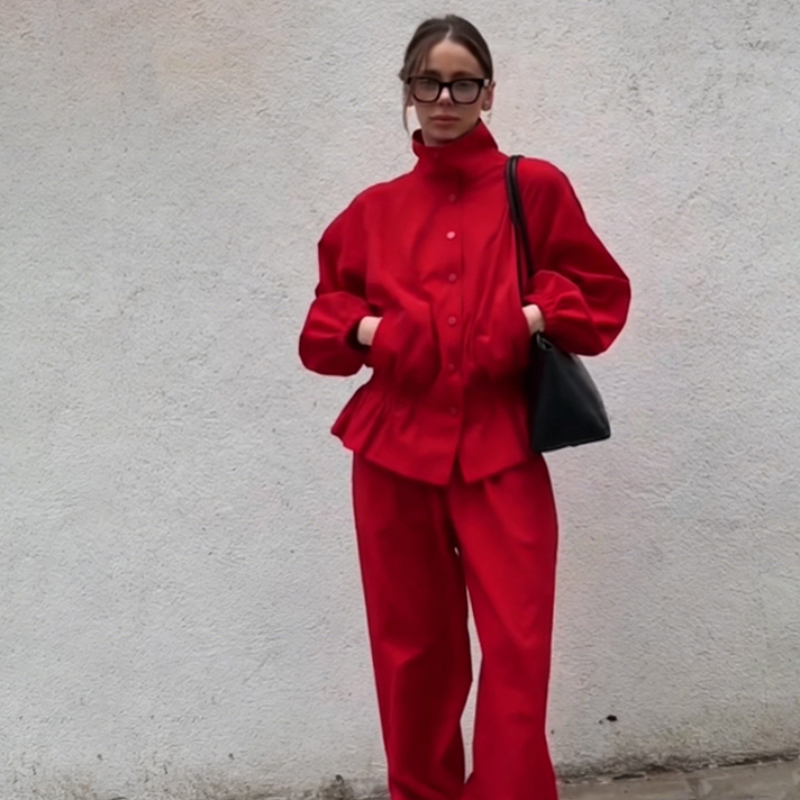 Veste Décontractée Sportive Rouge à Col et Fermeture, Volants Plissés, Taille Ajustable, Manteau Décontracté, Nouvelle Collection Automne 2026, Veste Femme Tendance Streetwear