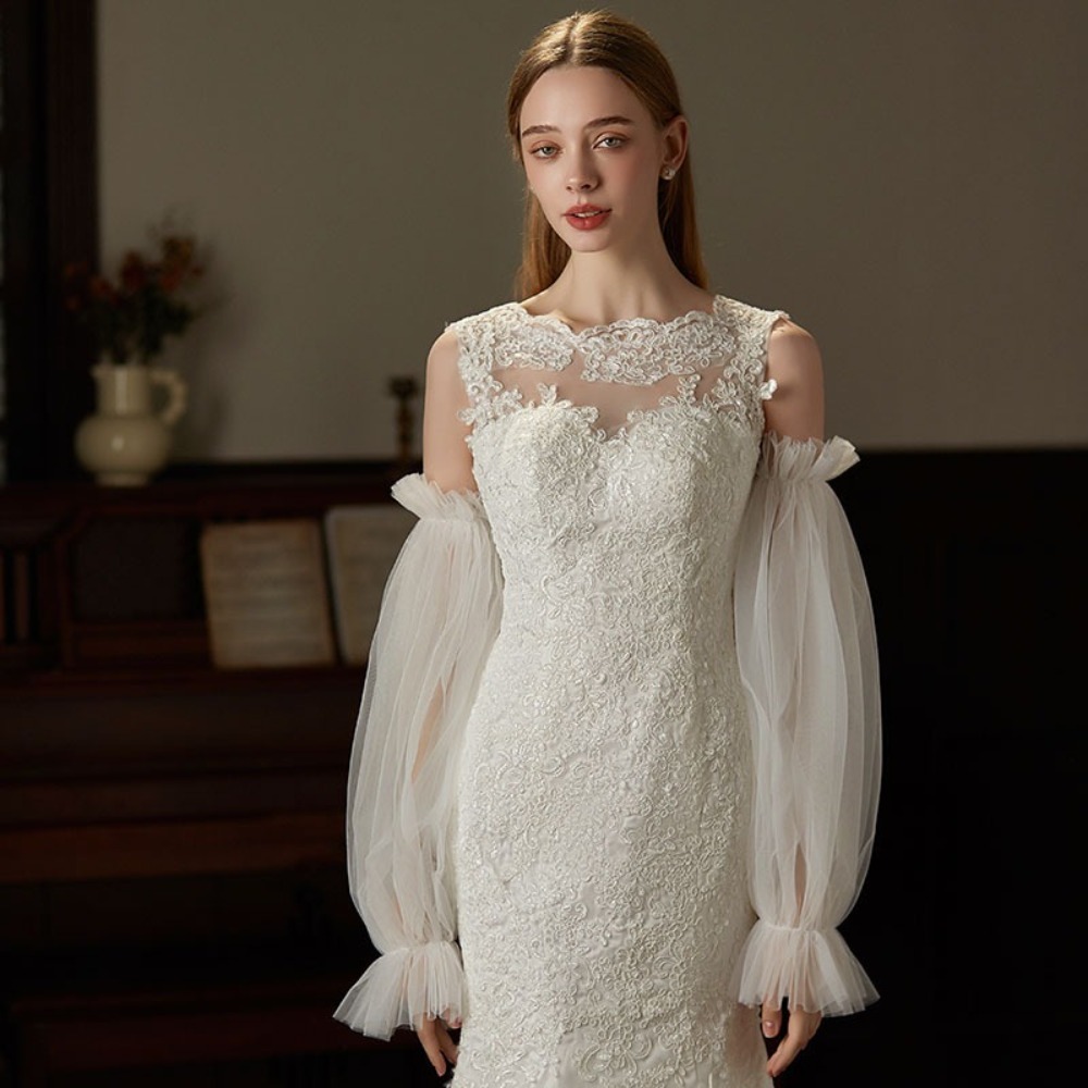 Manches de bras de mariée en fil élégant, dentelle plissée, respirantes, manches longues de mariage, manches fines en forme de lanterne détachables pour femmes