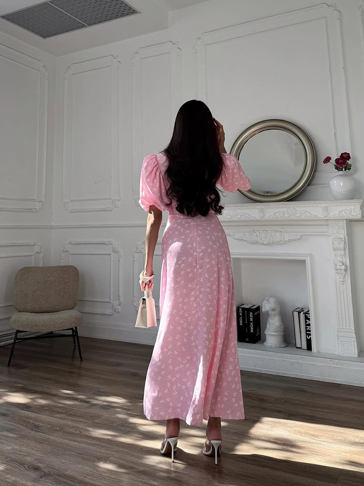 Nouvelle Robe Longue Imprimée Élégante à Nœud pour Femme, Col Revers, Manches Courtes Bouffantes, Boutonnage Simple, Taille Cintrée, Collection Été 2026