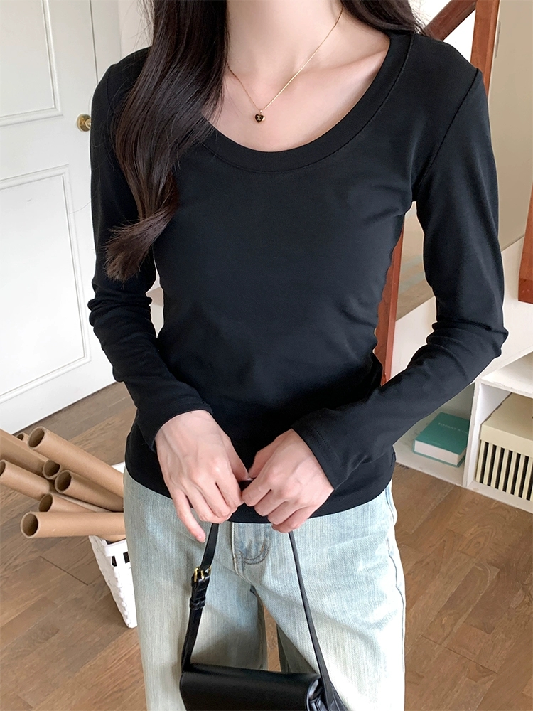 Col en U à manches longues T-Shirt femmes automne hiver nouveau coton mince haut décontracté basique solide bas chemises coréen