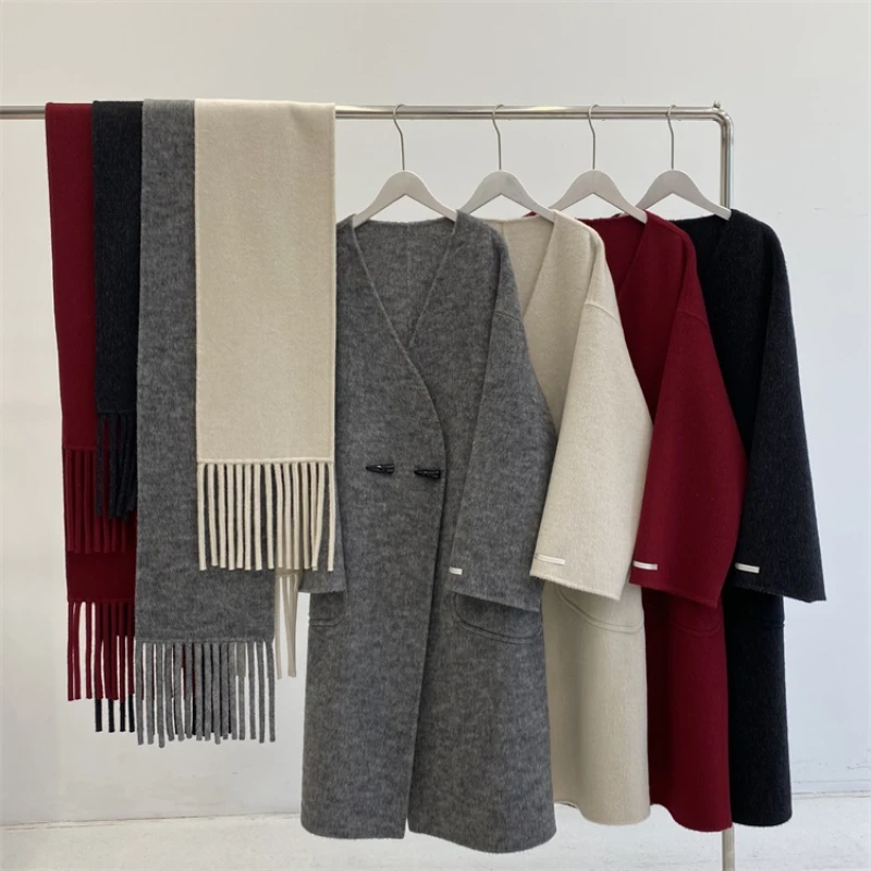 Manteau en laine à col en V pour femme, pardessus femme mi-long, écharpe double face, cachemire chaud, mode coréenne, automne, hiver, nouveau