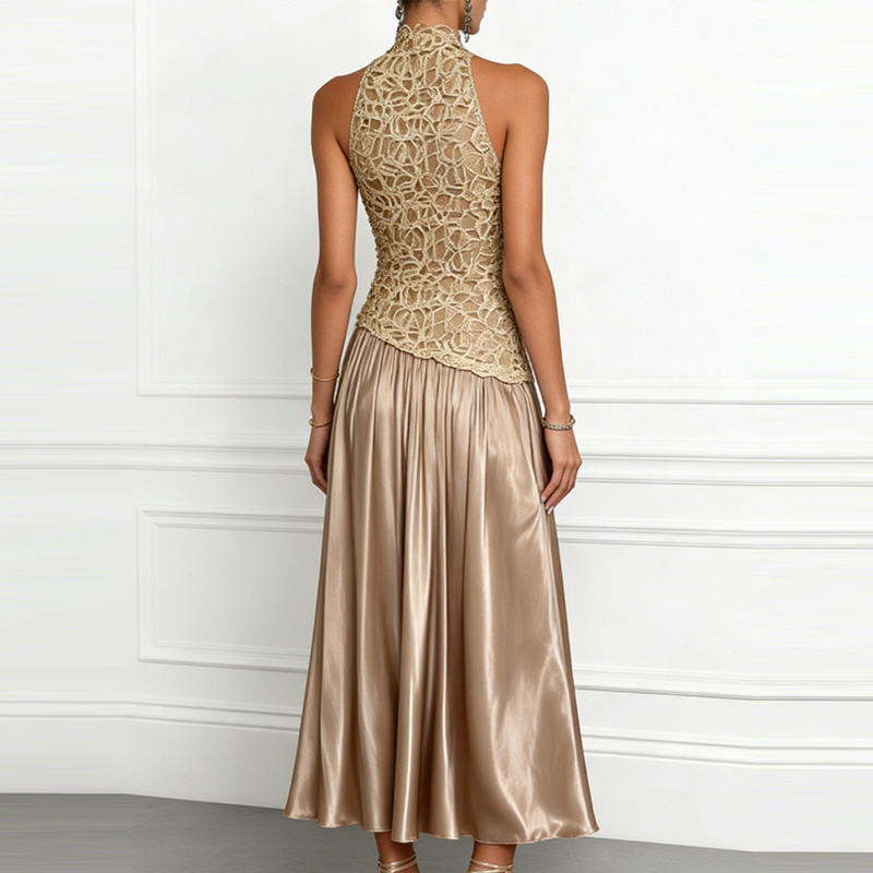 Robe de soirée élégante pour femme, col rond, taille haute, unie, plissée, longue, sexy, sans manches, avec broderie en dentelle et empiècements