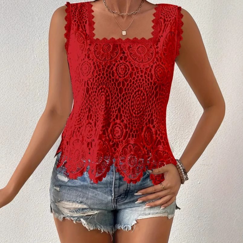 Débardeur Femme Col Carré Sans Manches Dentelle Épissée Y2K Streetwear Élégant Décontracté Travail Coupe Slim Évidé Camisole 2026