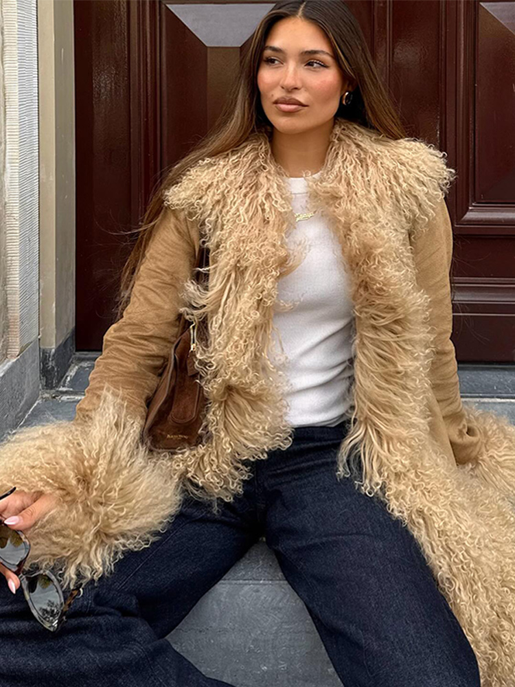 Manteau Long vert Olive pour femme, col flou et manchette, grand col à revers, Double boutonnage, vêtements d'extérieur quotidiens décontractés, hiver 2025