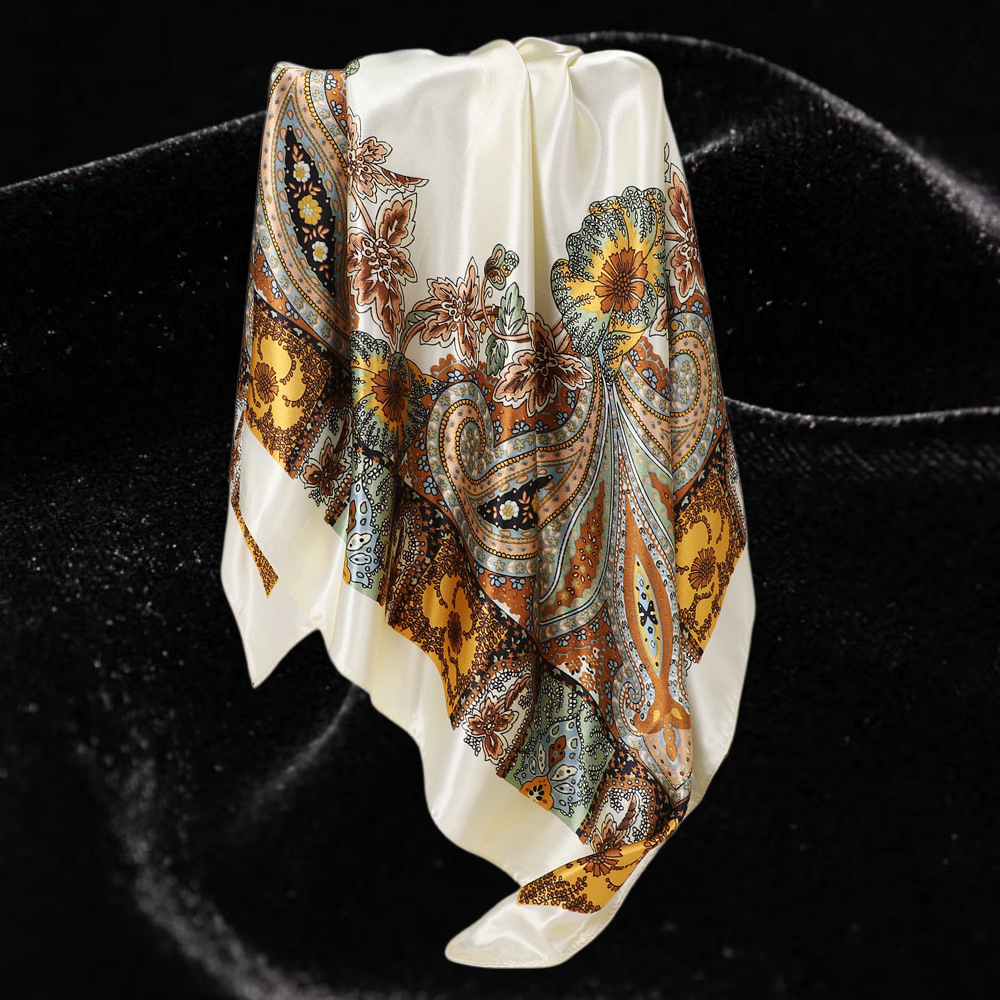 Foulard carré vintage en satin et rayonne, motif cachemire floral, tendance et polyvalent pour femme