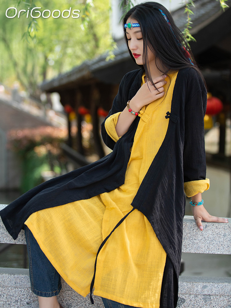 OriGoods femme longue Kimono chemise Style chinois coton chemises élégantes en vrac Zen japon Mori fille femme 2025 été nouveaux hauts B051