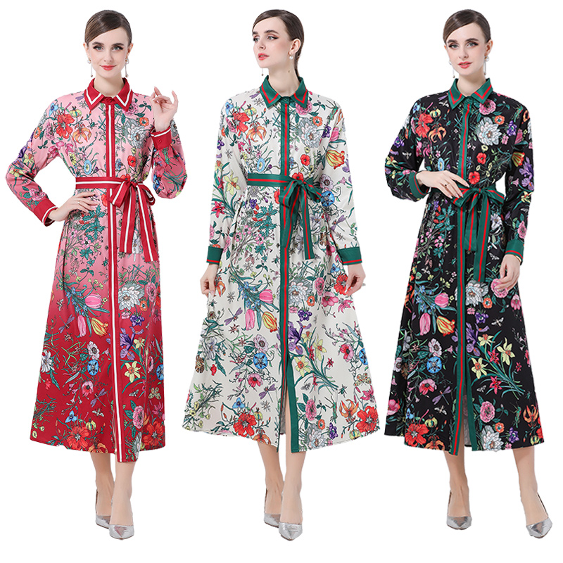 Robe chemise à manches longues pour femmes, col rabattu, simple boutonnage, imprimé Floral, à lacets, ample, vacances, Maxi, printemps