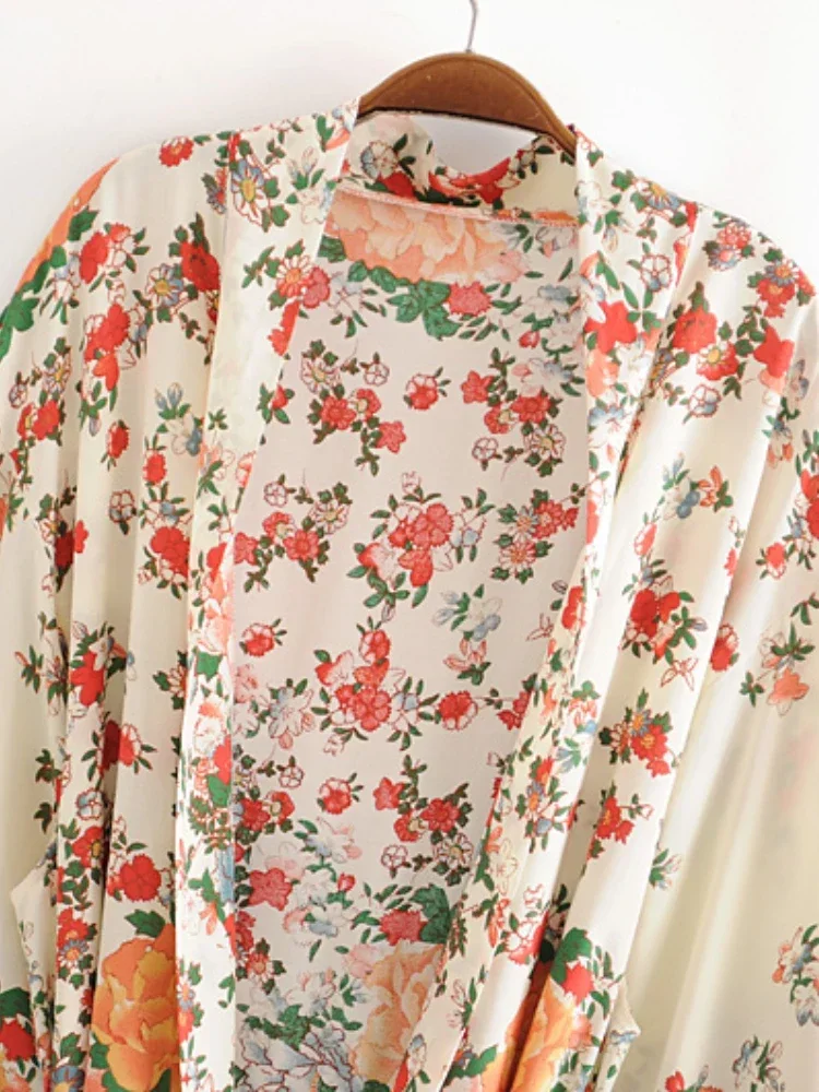 Kimono de Plage Vintage Chic à Imprimé Floral Multiple pour Femme, Vêtement Bohème à Col en V, Manches Chauve-Souris, Robe Boho, Cache Bikini