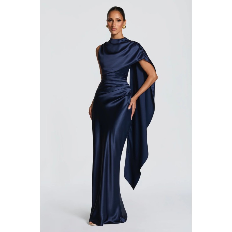 Robes de soirée élégantes pour femmes, robe de soirée en satin drapée avec cape, robe formelle à col montant et dos corset avec taille froncée 2026