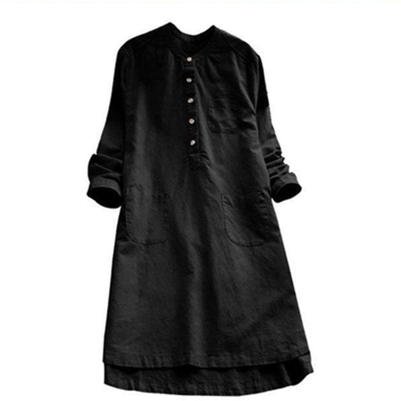 Robe chemise pour femme en coton et lin, boutonnée, ample, à manches longues, mi-longue, unie, décontractée, pour le bureau, printemps automne