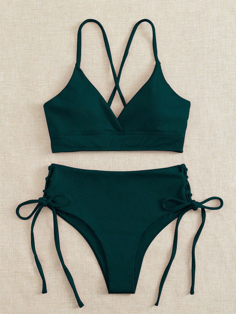 Sexy noir col en V ensemble de Bikini pour les femmes à lacets cordon côté taille haute maillot de bain plage maillot de bain piscine maillot de bain deux pièces