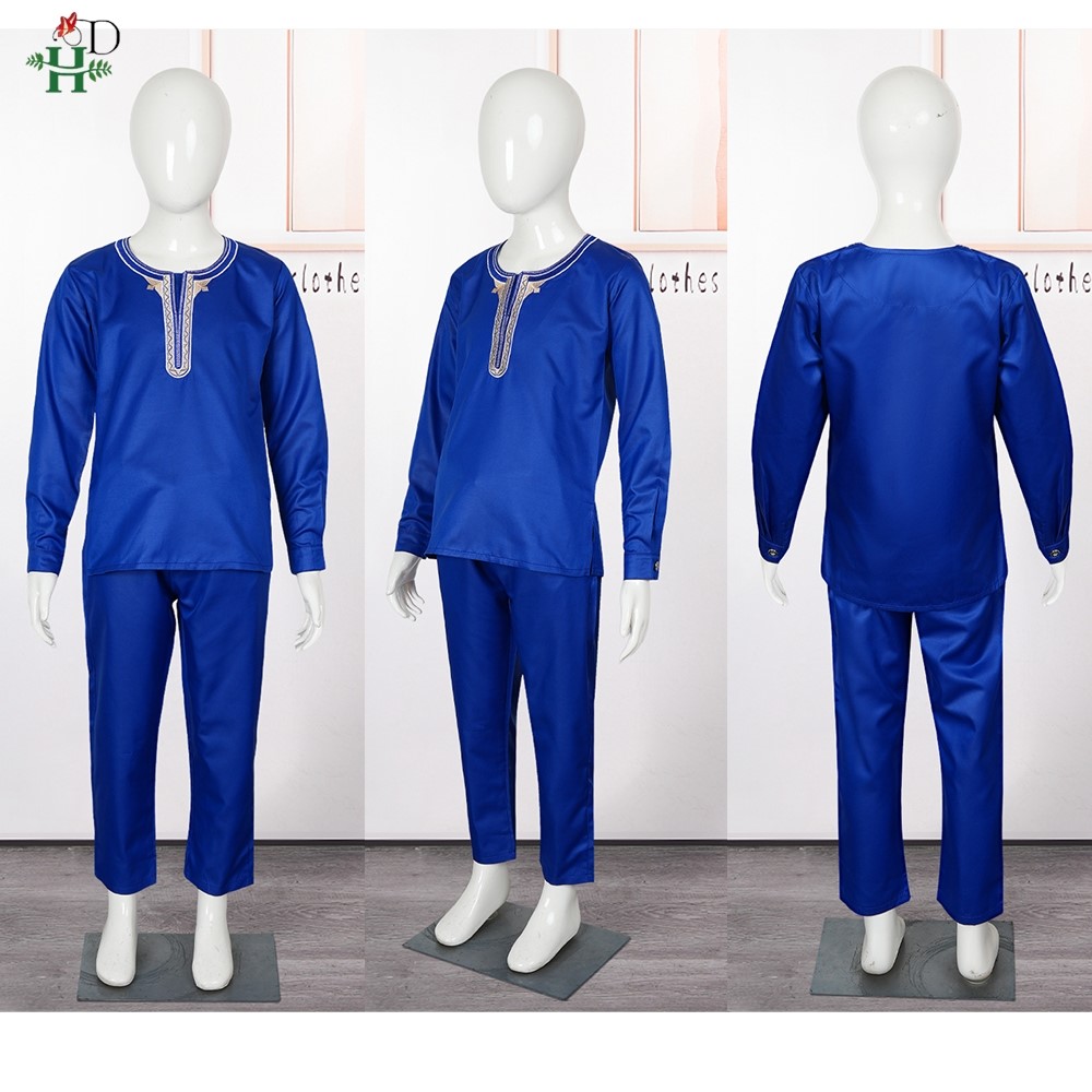 H & D – vêtements africains pour enfants, Ankara Dashiki traditionnel pour garçons de 2 à 10 ans, 3 pièces, broderie Thobe, mode Bazin, caftan bleu 2025