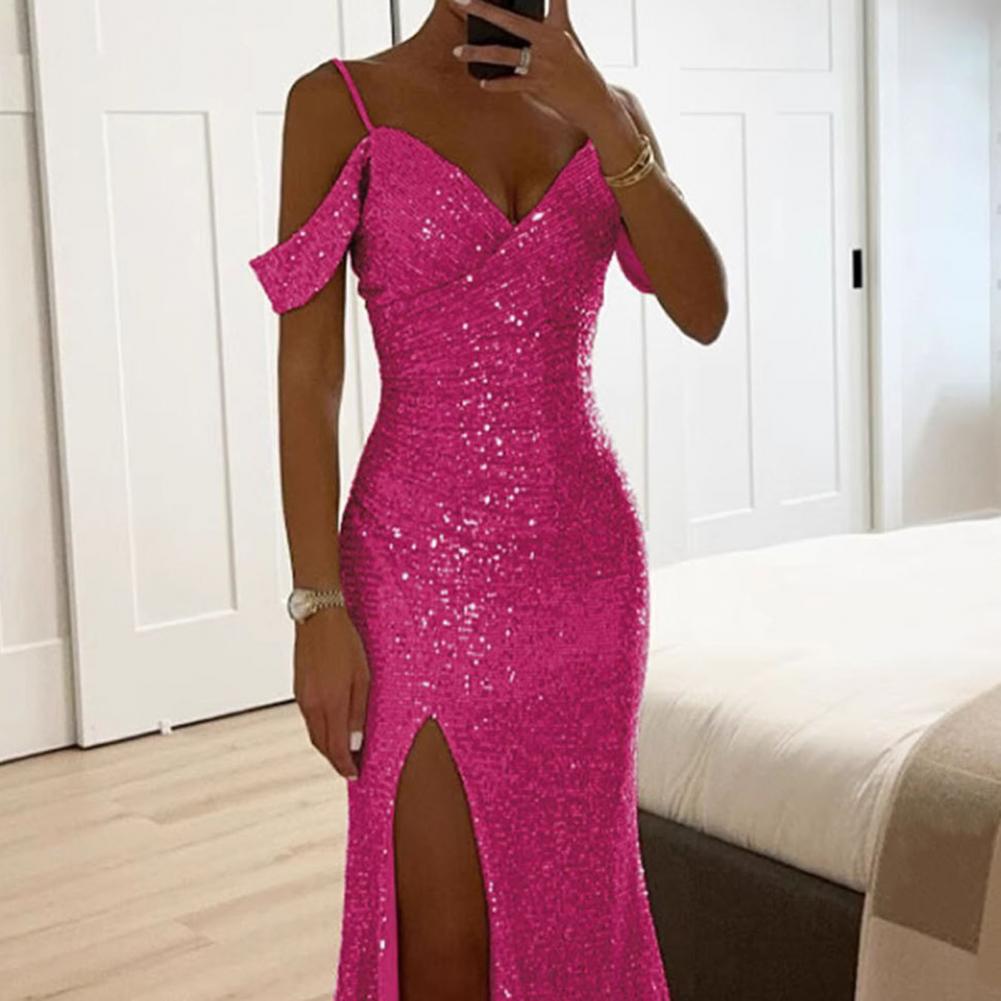 Robe à bretelles à paillettes pour femmes, Sexy, paillettes brillantes, épaules dénudées, col en V, fente latérale, robe de bal, robe de soirée de mariage, Maxi