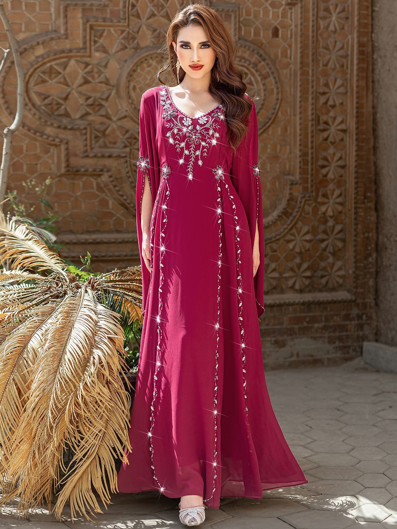Robe Eid pour femmes diamant col en V en mousseline de soie Abaya robes longues de fête Robe musulmane Jalabiya Ramadan maroc 2025 robes Largos