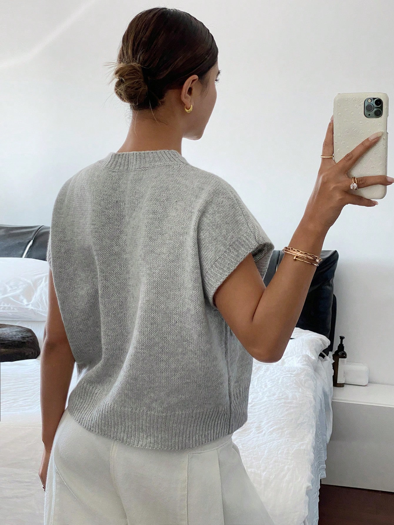 Pull en tricot à manches courtes pour femmes, élégant, décontracté, col rond, épaules droites, confortables, gilet, printemps/automne