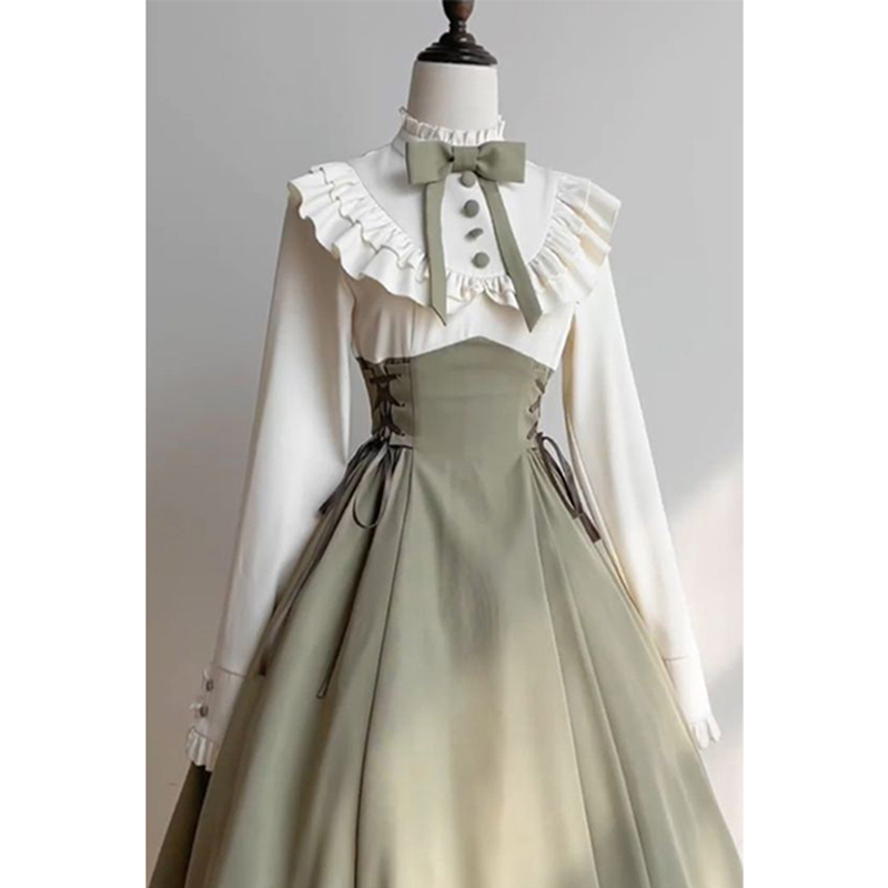 Robe Midi Vintage Femme Harajuku Lolita à Nœud, Volants, Patchwork, Bandage, Élégante, Manches Longues, Moulante, Coupe A-Line, Vestidos
